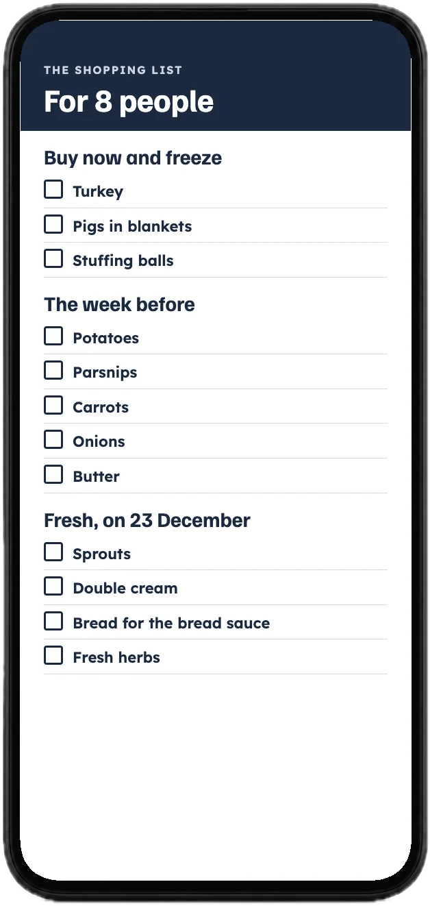 The shopping list page with tick boxes, on a phone