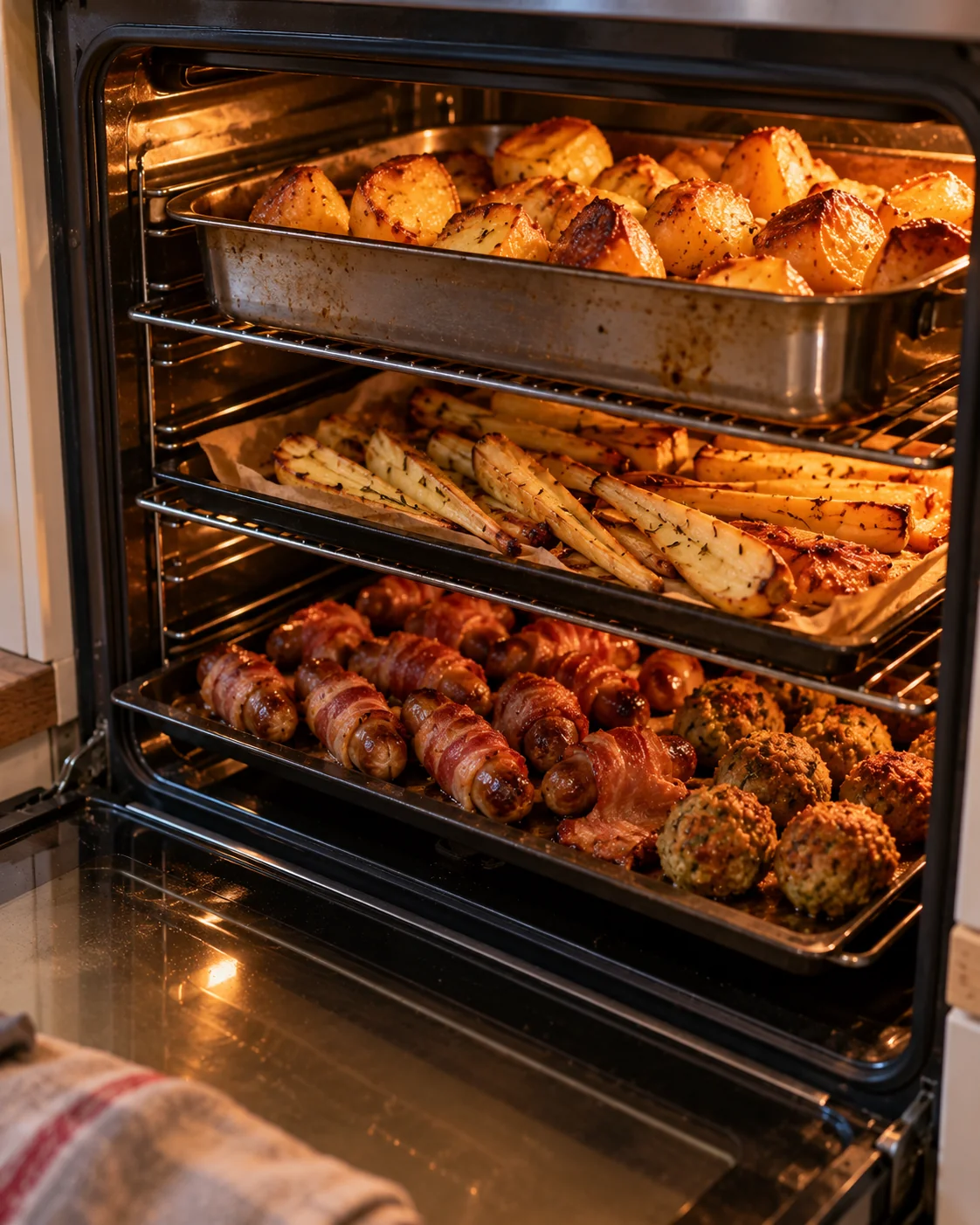 An open oven with three shelves in use: roast potatoes, parsnips, pigs in blankets and stuffing balls